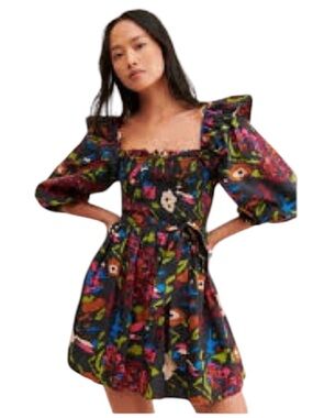 Cleobella Kira Mini Dress Size Large Garden Floral Organic Cotton Puff Sleeve